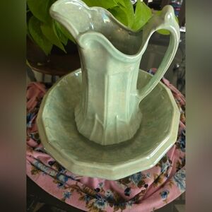 Graceful Green Ceramic Art Pitcher and Basin
